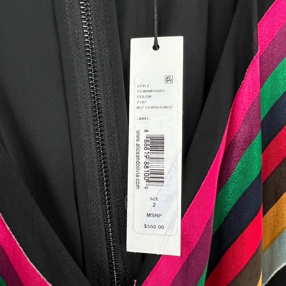 ALICE + OLIVIA Midi Dress Womens 2 Black Rainbow Multi Chevron Burnout Tie Waist - Picture 14 of 16